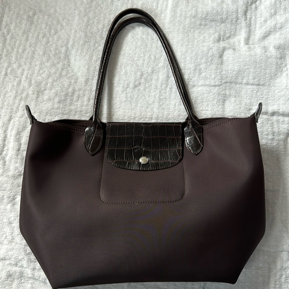 Longchamp nylon tote with croc embossed leather trim